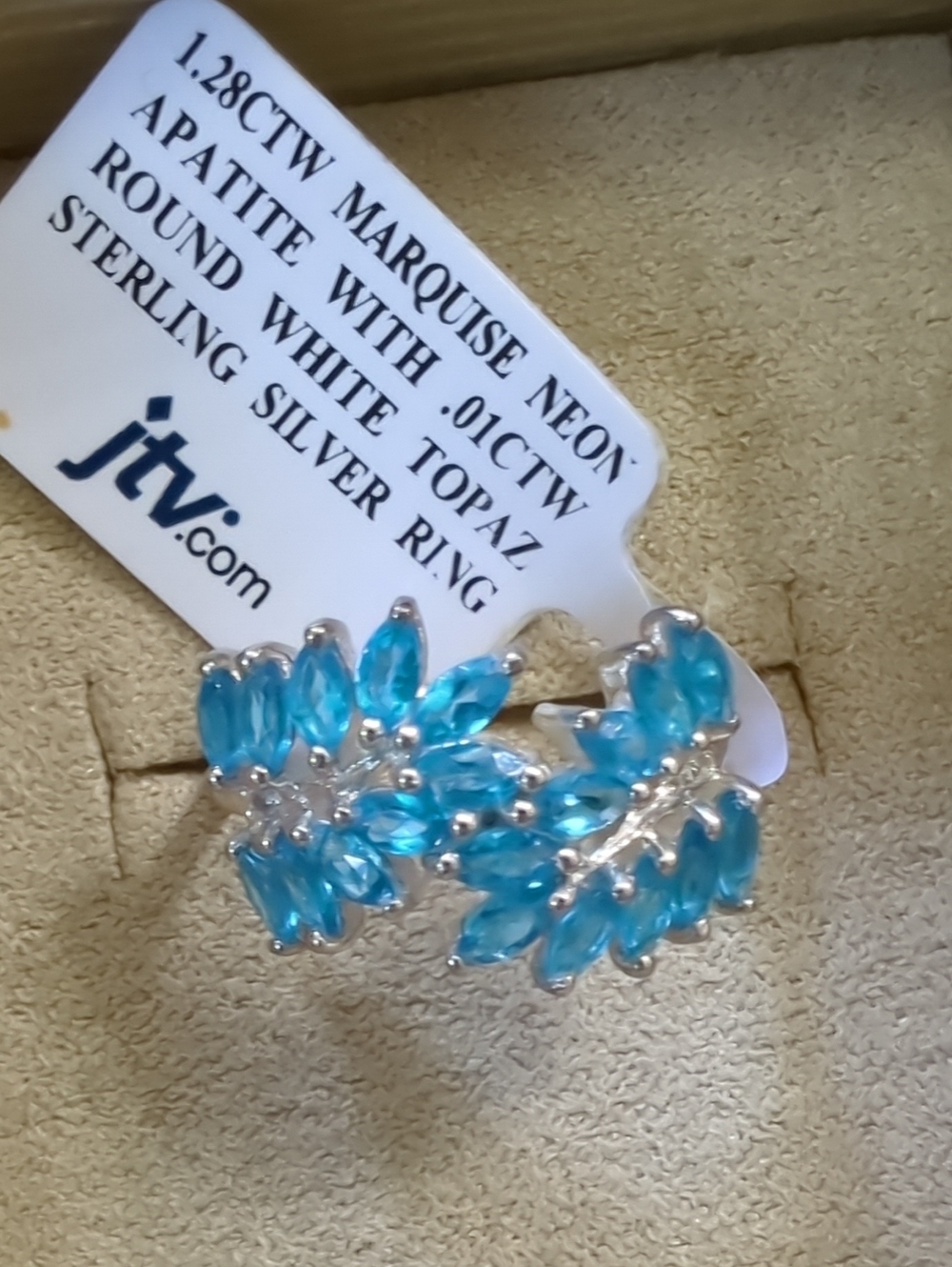 JTV Sterling Silver Neon Blue Marquise Apatite Ring with White Topaz Accents